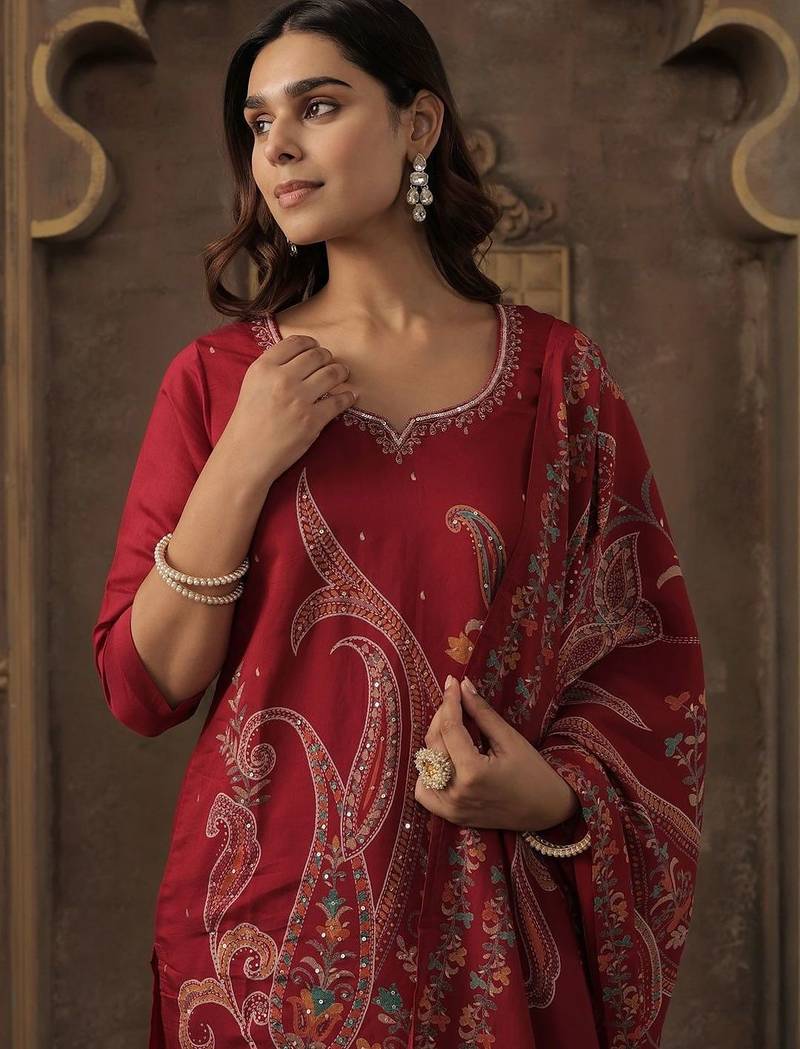 Women Ethnic Motifs Printed Regular Sequinned Kurta with Trousers & Dupatta