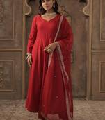 Liva Sweetheart Neck Anarkali Kurta With Trousers & Dupatta
