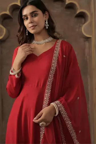 Liva Sweetheart Neck Anarkali Kurta With Trousers & Dupatta
