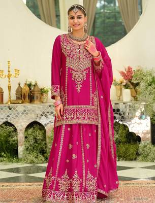 Floral Embroidered Sequinned Chinon Straight Kurta With Sharara & Dupatta 1