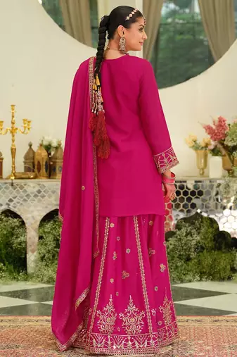Floral Embroidered Sequinned Chinon Straight Kurta With Sharara & Dupatta