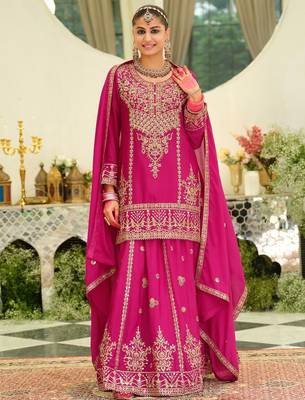 Floral Embroidered Sequinned Chinon Straight Kurta With Sharara & Dupatta 4
