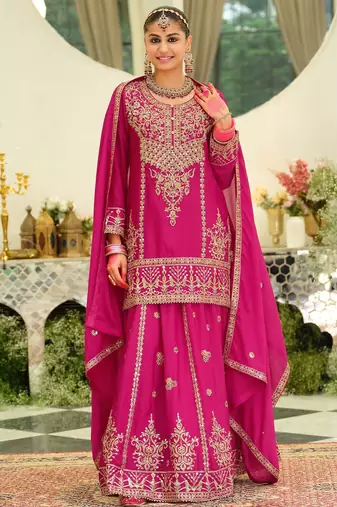 Floral Embroidered Sequinned Chinon Straight Kurta With Sharara & Dupatta