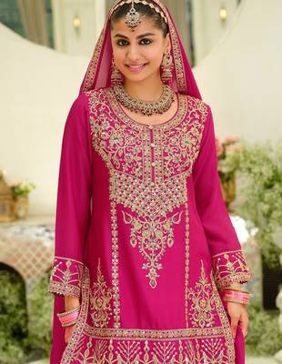Floral Embroidered Sequinned Chinon Straight Kurta With Sharara & Dupatta 5