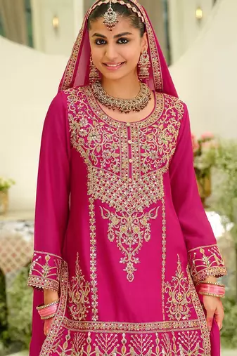 Floral Embroidered Sequinned Chinon Straight Kurta With Sharara & Dupatta