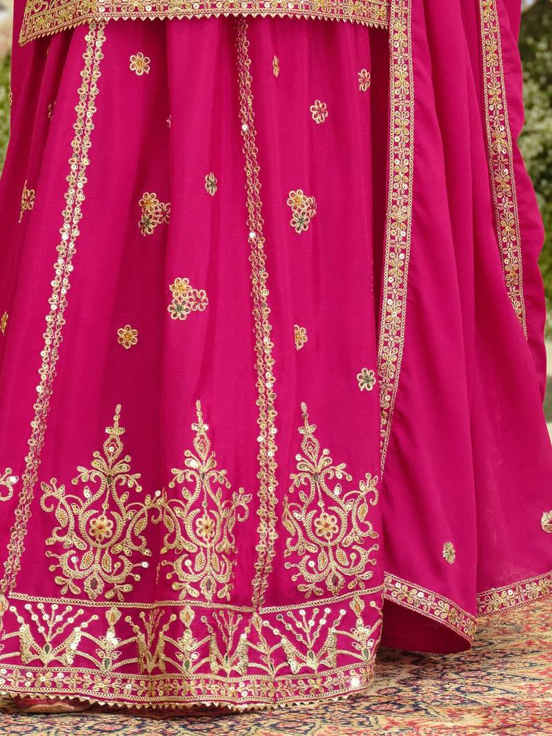 Floral Embroidered Sequinned Chinon Straight Kurta With Sharara & Dupatta