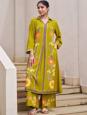 Women Floral Printed Shirt Collar Straight Kurta with Palazzos 3