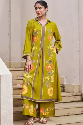 Women Floral Printed Shirt Collar Straight Kurta with Palazzos