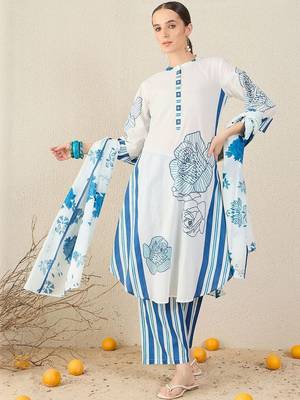 Floral Printed Pure Cotton Kurta With Trouser & Dupatta 1