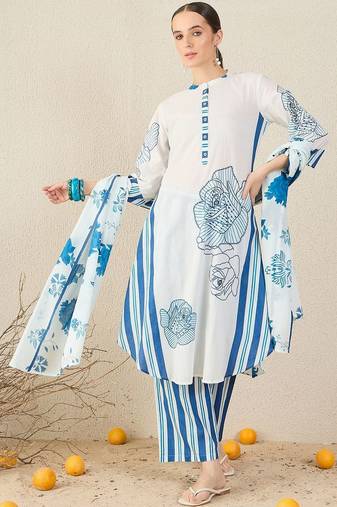 Floral Printed  Cotton Kurta With Trouser & Dupatta