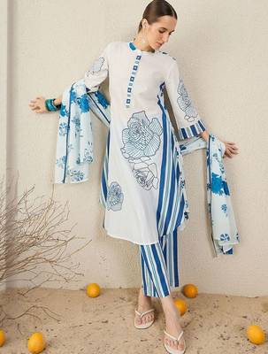 Floral Printed Pure Cotton Kurta With Trouser & Dupatta 5
