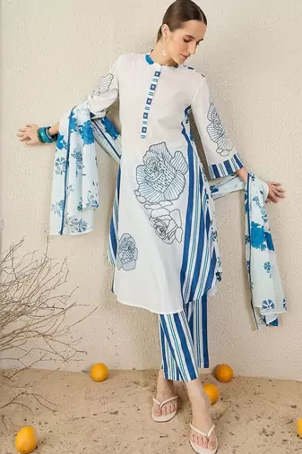 Floral Printed Pure Cotton Kurta With Trouser & Dupatta
