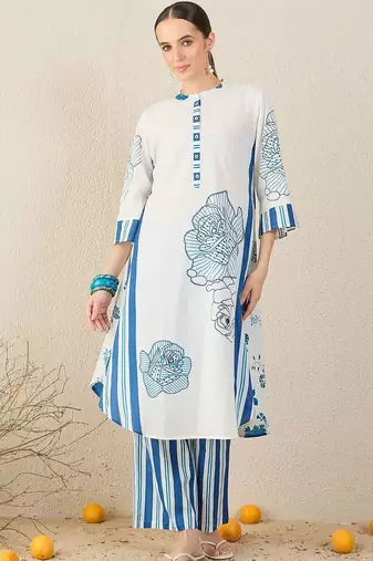 Floral Printed Pure Cotton Kurta With Trouser & Dupatta