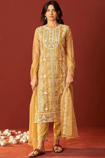 Floral Embroidered Straight V-Neck Thread Work Kurta & Trousers Dupatta