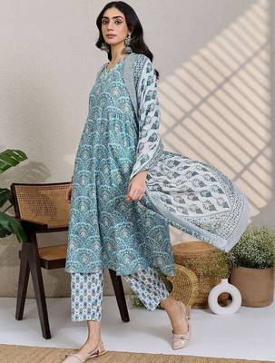 Ethnic Motifs Printed Thread Work Pure Cotton Kurta With Trousers & 1