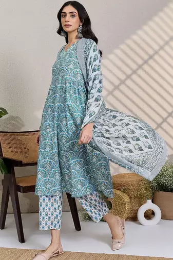 Ethnic Motifs Printed Thread Work Pure Cotton Kurta With Trousers &