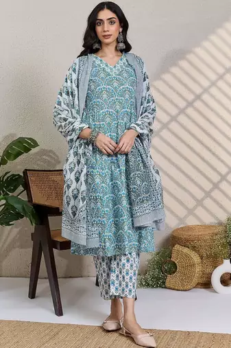 Ethnic Motifs Printed Thread Work Pure Cotton Kurta With Trousers &