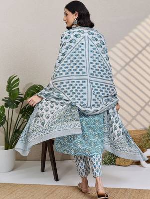 Ethnic Motifs Printed Thread Work Pure Cotton Kurta With Trousers & 4