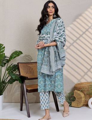 Ethnic Motifs Printed Thread Work Pure Cotton Kurta With Trousers & 5