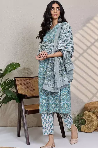 Ethnic Motifs Printed Thread Work Pure Cotton Kurta With Trousers &