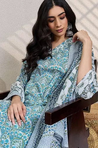 Ethnic Motifs Printed Thread Work Pure Cotton Kurta With Trousers &