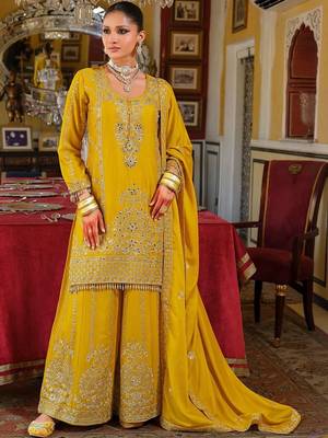 Ethnic Motifs Embroidered Round Neck Thread Work Kurta With Palazzos & Dupatta 1