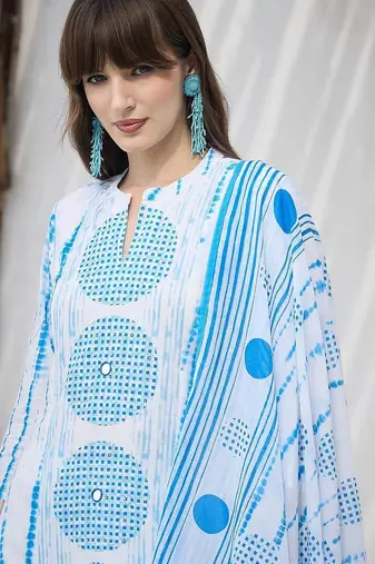 Women Geometric Dyed Cotton Kurta with Trousers & Dupatta