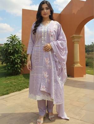 Women Ethnic Motifs Embroidered Cotton Kurta with Trousers & Dupatta 1