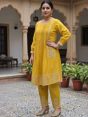 Women Ethnic Motifs Embroidered Panelled Thread Work Cotton Kurta with Trousers 1