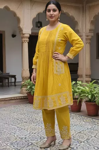 Women Ethnic Motifs Embroidered Panelled Thread Work Cotton Kurta with Trousers