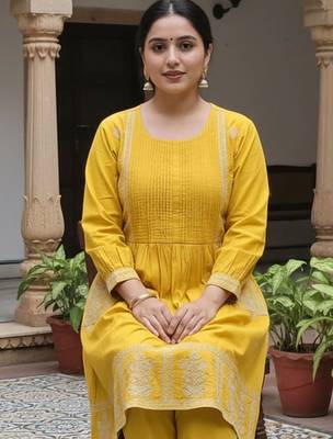 Women Ethnic Motifs Embroidered Panelled Thread Work Cotton Kurta with Trousers 2