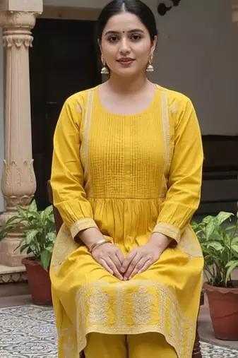 Women Ethnic Motifs Embroidered Panelled Thread Work Cotton Kurta with Trousers