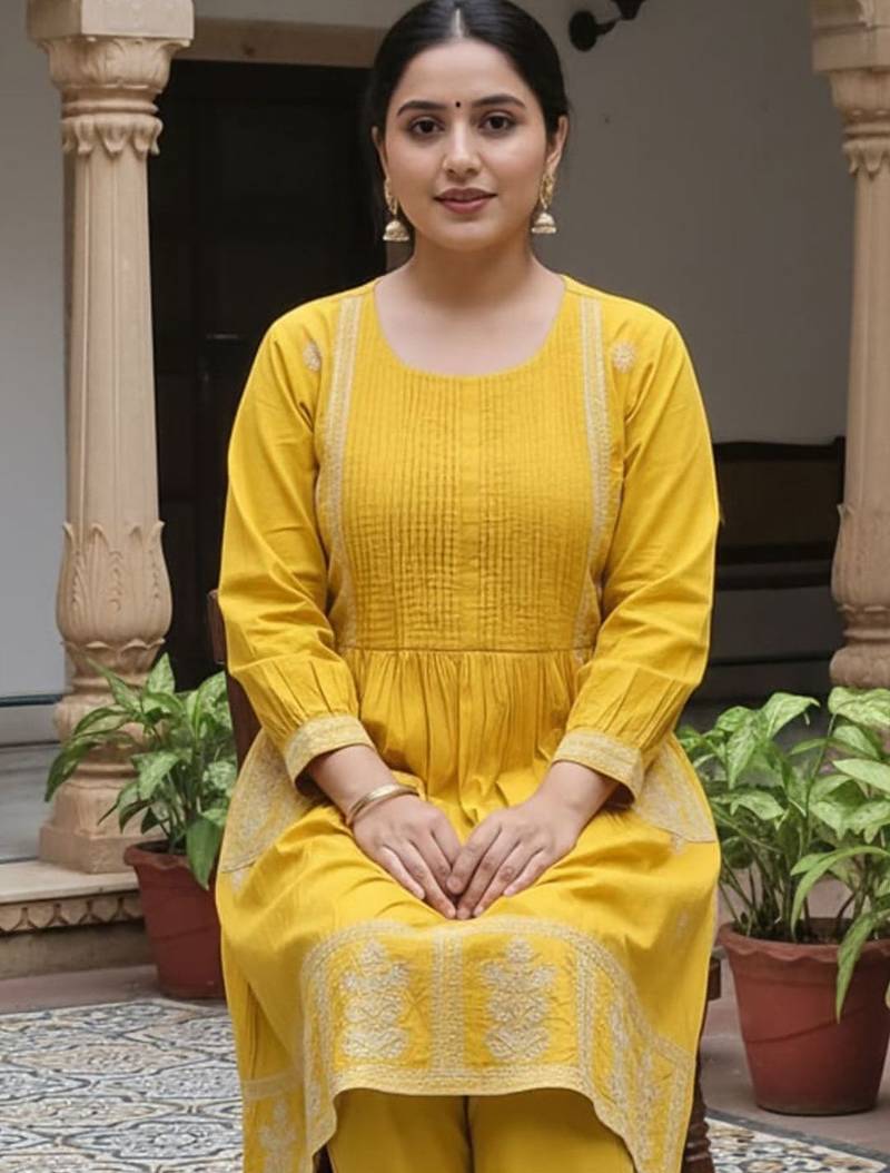 Women Ethnic Motifs Embroidered Panelled Thread Work Cotton Kurta with Trousers