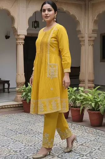 Women Ethnic Motifs Embroidered Panelled Thread Work Cotton Kurta with Trousers