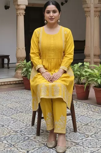 Women Ethnic Motifs Embroidered Panelled Thread Work Cotton Kurta with Trousers