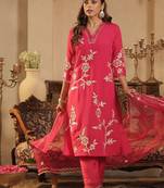 Floral Embroidered Thread Work V-Neck Straight Kurta & Trousers With Dupatta