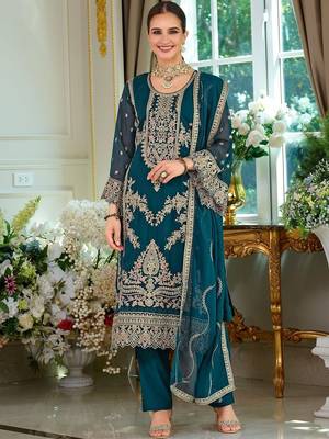 Ethnic Motifs Embroidered Thread Work Straight Kurta With Trousers & Dupatta 1