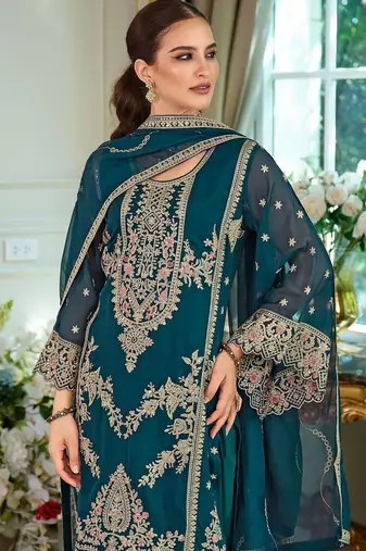 Ethnic Motifs Embroidered Thread Work Straight Kurta With Trousers & Dupatta