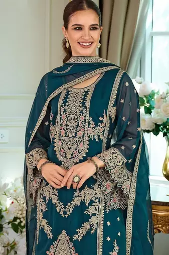Ethnic Motifs Embroidered Thread Work Straight Kurta With Trousers & Dupatta