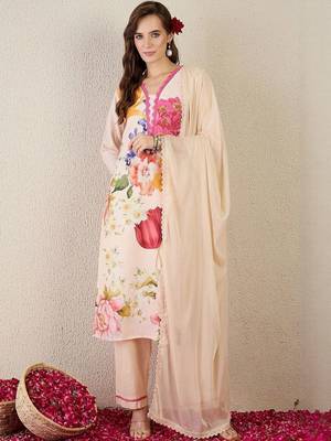 Women Floral Printed Regular Linen Kurta with Trousers & With Dupatta 1