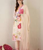 Women Floral Printed Regular Linen Kurta with Trousers & With Dupatta
