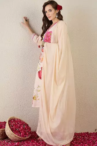 Women Floral Printed Regular Linen Kurta with Trousers & With Dupatta