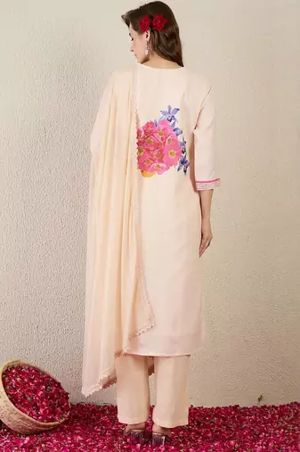 Women Floral Printed Regular Linen Kurta with Trousers & With Dupatta