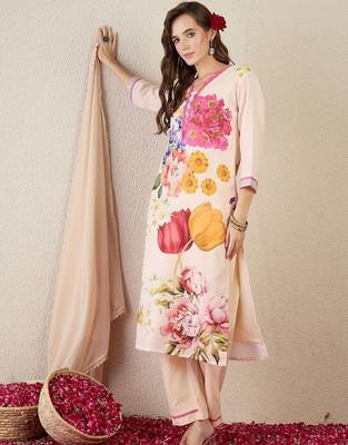 Women Floral Printed Regular Linen Kurta with Trousers & With Dupatta 4