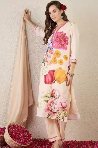 Women Floral Printed Regular Linen Kurta with Trousers & With Dupatta