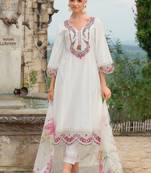 Floral Embroidered V-Neck Straight Thread Work Kurta With Trousers & Dupatta