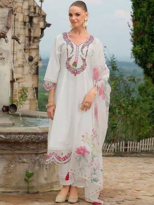 Floral Embroidered V-Neck Straight Thread Work Kurta With Trousers & Dupatta 5