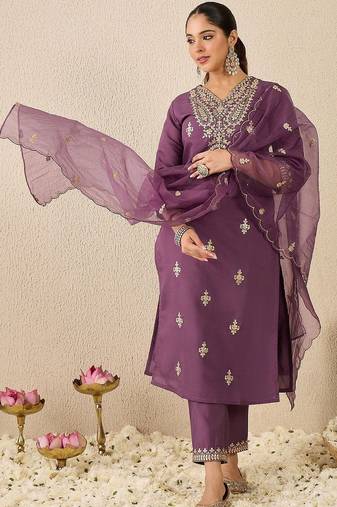 Women Embroidered Sequinned Regular Straight Kurta With Trousers & Dupatta