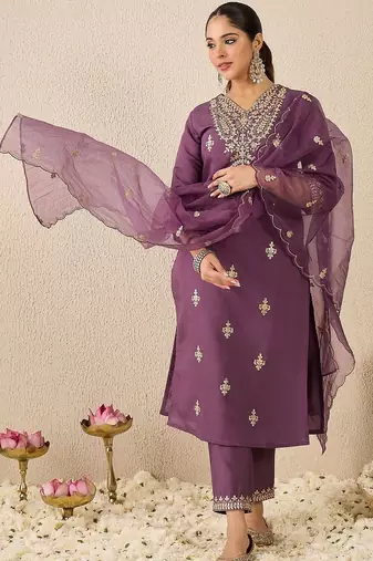 Women Embroidered Sequinned Regular Straight Kurta With Trousers & Dupatta