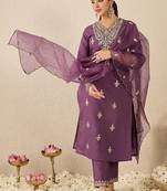 Women Embroidered Sequinned Regular Straight Kurta With Trousers & Dupatta